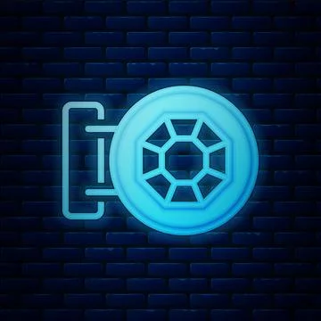 Glowing neon Front facade building jewelry store icon isolated on brick wal.. Ilustración de archivo