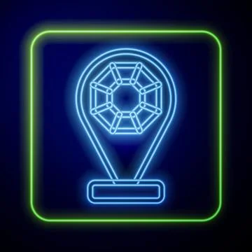 Glowing neon Front facade building jewelry store icon isolated on blue back.. Ilustración de archivo