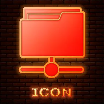 Glowing neon FTP folder icon isolated on brick wall background. Software update Illustrazione stock