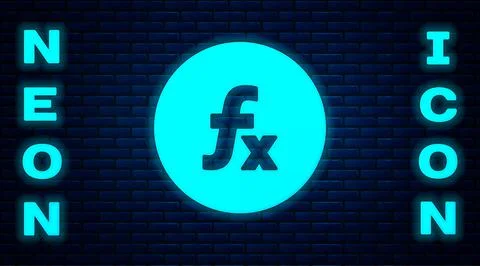Glowing neon Function mathematical symbol icon isolated on brick wall background Stock Illustration