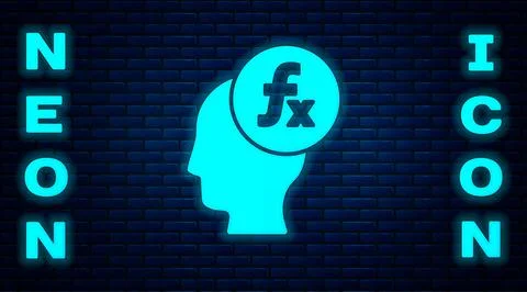 Glowing neon Function mathematical symbol icon isolated on brick wall background Illustrazione stock