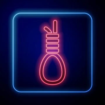 Glowing neon Gallows rope loop hanging icon isolated on blue background. Rope 스톡 일러스트