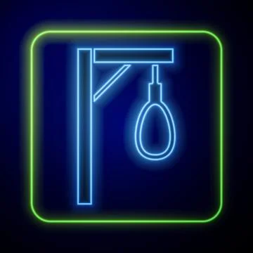 Glowing neon Gallows rope loop hanging icon isolated on blue background. Rope 스톡 일러스트