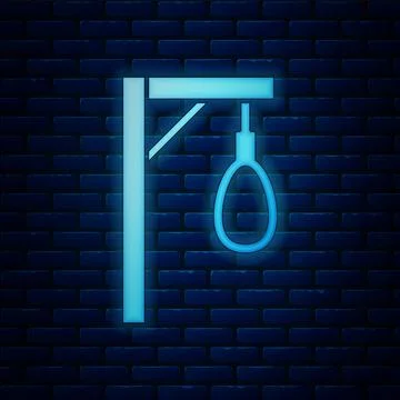 Glowing neon Gallows rope loop hanging icon isolated on brick wall background 스톡 일러스트