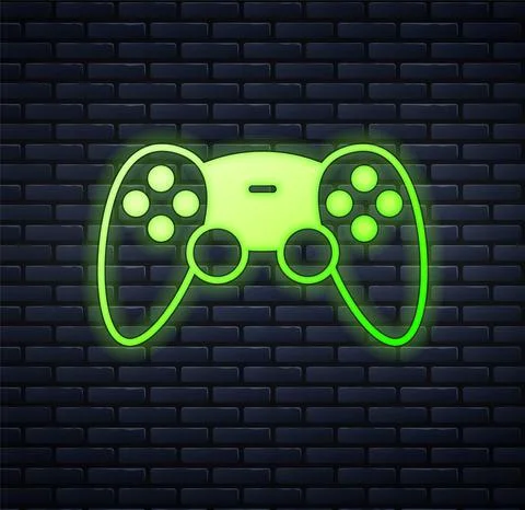 Glowing neon Game controller or joystick for game console icon isolated on brick Stock Illustration