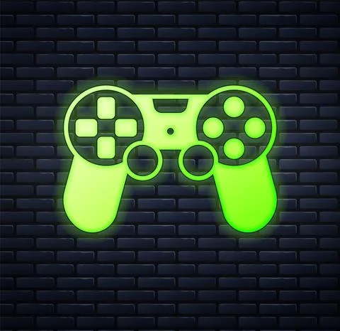 Glowing neon Game controller or joystick for game console icon isolated on brick Illustrazione stock