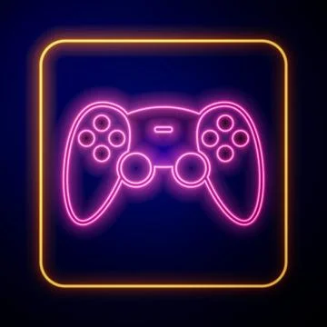 Glowing neon Game controller or joystick for game console icon isolated on black Stock Illustration