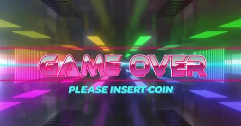 Glowing neon 'GAME OVER' text illuminating arcade-style tunnel, with cyan Ilustração Stock