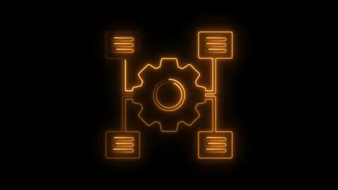 Glowing neon gear and document icons on black background Stock Footage 308286944