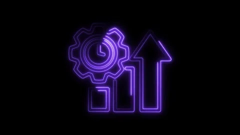 Glowing neon gear clock icon ascending arrow graph symbol on a black backgrou Stock Footage 309914837