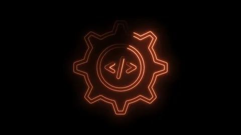 Glowing neon gear with code symbol on dark background concept for technology Stock Footage 322974940