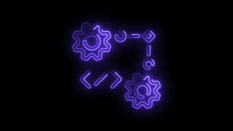 Glowing Neon Gear Icon with Code Brackets and Process Flow on Black Backgro.. Stock Footage 315498010