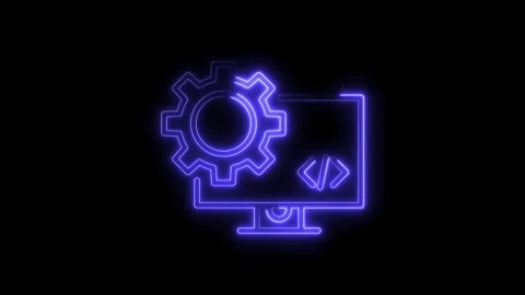 Glowing Neon Gear Icon on Computer Screen with Code Symbol Digital Technolo.. Stock Footage 315654326