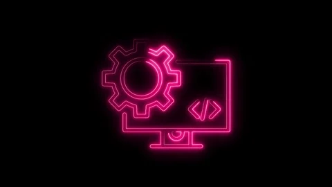 Glowing Neon Gear Icon on Computer Screen with Code Brackets Isolated on Bl.. Stock Footage 315654329