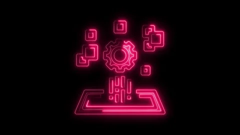 Glowing Neon Gear Icon with Data Blocks Abstract Technology Concept Animati.. Stockbeeldmateriaal 315655380