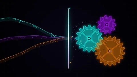 Glowing Neon Gears Driven by Binary Data Streams Motion Graphic 스톡 동영상 343803288