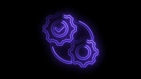 Glowing neon gears rotate with tick mark verification on black background f.. Stock Footage 345998422