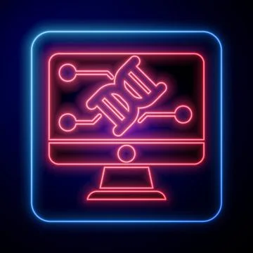 Glowing neon Genetic engineering modification on monitor icon isolated on blue Stock Illustration