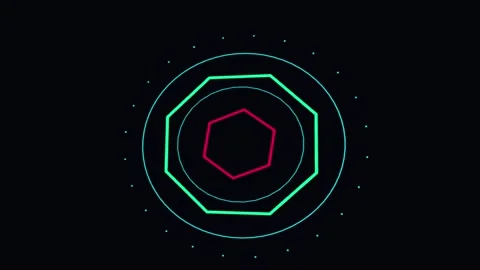 Glowing neon geometric HUD circle with green hexagon, red center shape, and.. Stock Footage 342723563