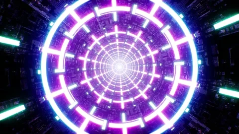 Glowing Neon Geometric Light in the Rotating Tunnel VJ Loop Stock Footage 202237556