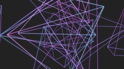 Glowing neon geometric structures fly apart dynamically against a dark backd Stock Footage 338282784