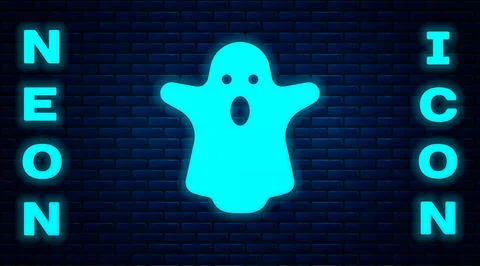 Glowing neon Ghost icon isolated on brick wall background. Happy Halloween .. Stock Illustration