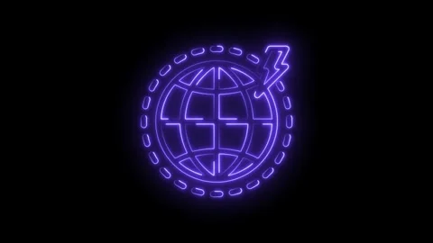 Glowing Neon Globe Icon with Lightning Bolt Symbol and Orbiting Dashed Circle on Stock Footage 333954593