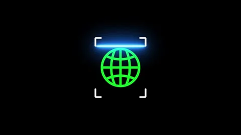 Glowing Neon Globe Scan Icon Animation on Black Background Stock Footage 340440123