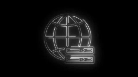 Glowing neon globe server icon symbolizing global network connectivity data Stock Footage 333961905