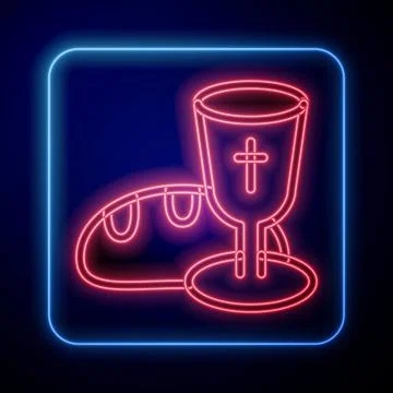 Glowing neon Goblet and bread icon isolated on black background. Bread and wine Stock Illustration