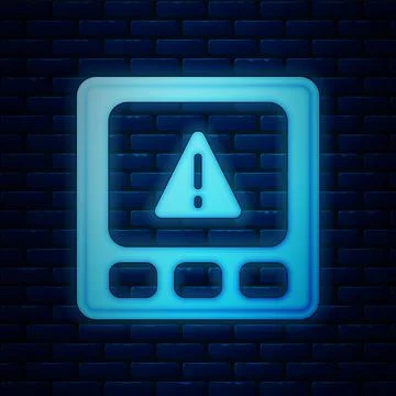 Glowing neon Gps device error icon isolated on brick wall background. Vector Stock Illustration