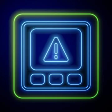 Glowing neon Gps device error icon isolated on blue background. Vector Ilustración de archivo
