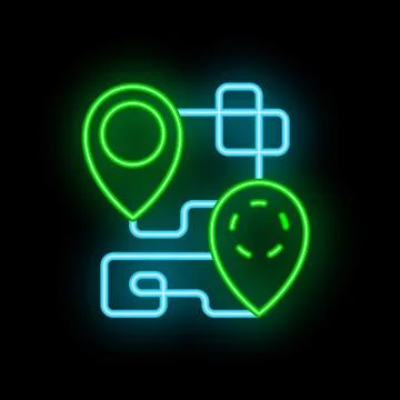 Glowing neon gps navigation system showing route on black background Stock Illustration