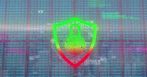 Glowing neon-gradient shield icon showing padlock hovering over data dashboard, Stock Photos