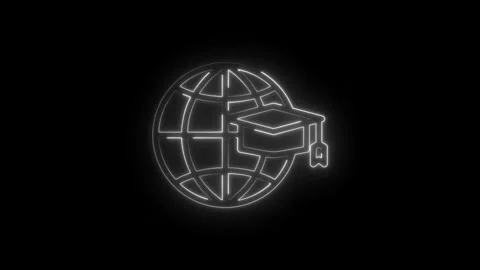 Glowing neon graduation cap on abstract globe outline digital animation Stock Footage 333952195
