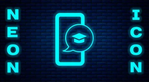 Glowing neon Graduation cap on screen smartphone icon isolated on brick wall  Stock Illustration