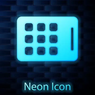 Glowing neon Graphic tablet icon isolated on brick wall background. Vector Stock Illustration