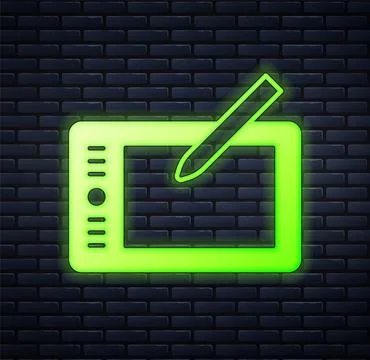Glowing neon Graphic tablet icon isolated on brick wall background. Vector Stock Illustration