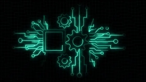 Glowing neon green circuit lines around a microchip and gear icons on dark .. Stock Footage 337132745