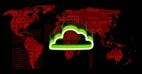 Glowing neon green cloud icon hovering in graphic backdrop, showing red world Stockillustratie