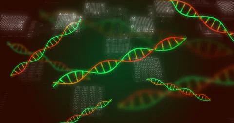 Glowing neon green DNA double helix dominating center in dark virtual lab, Stock Illustration