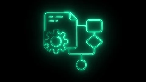 Glowing neon green flowchart icon with gear and document symbols representi.. Stock Footage 314713615