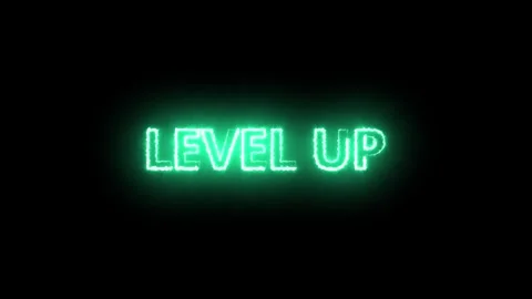 Glowing Neon Green Level Up Text Animation on Black Background Futuristic G.. Stock Footage 338371787