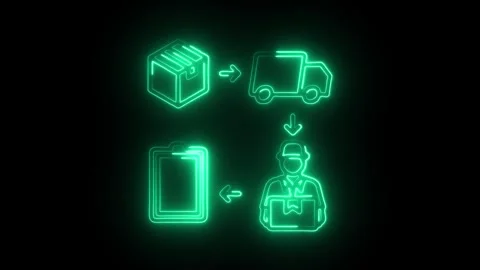 Glowing neon green logistics process icons showing package delivery truck a.. Stock Footage 314713075