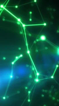 Glowing neon green network of connected nodes and lines forming a dynamic dig Illustrazione stock