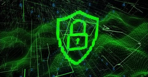 Glowing neon-green pixelated shield showing padlock question-mark in virtual Ilustración de archivo