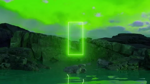 Glowing neon green rectangular portal floating above water near rocky coast 스톡 동영상 310792750