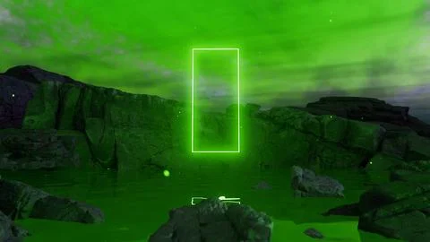Glowing neon green rectangular portal floating above water between cliffs Stock Illustration