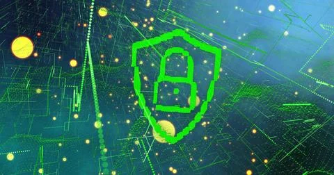 Glowing neon-green shield containing pixelated padlock hovering in circuit gr Stock Illustration