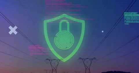 Glowing neon-green shield with padlock fingerprint hovering at dusk over grid イラスト素材